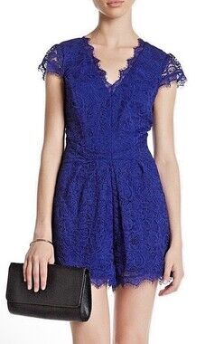 Adelyn Rae Blue Lace Romper  V-Neck Short Sleeve Women's Size L Formal